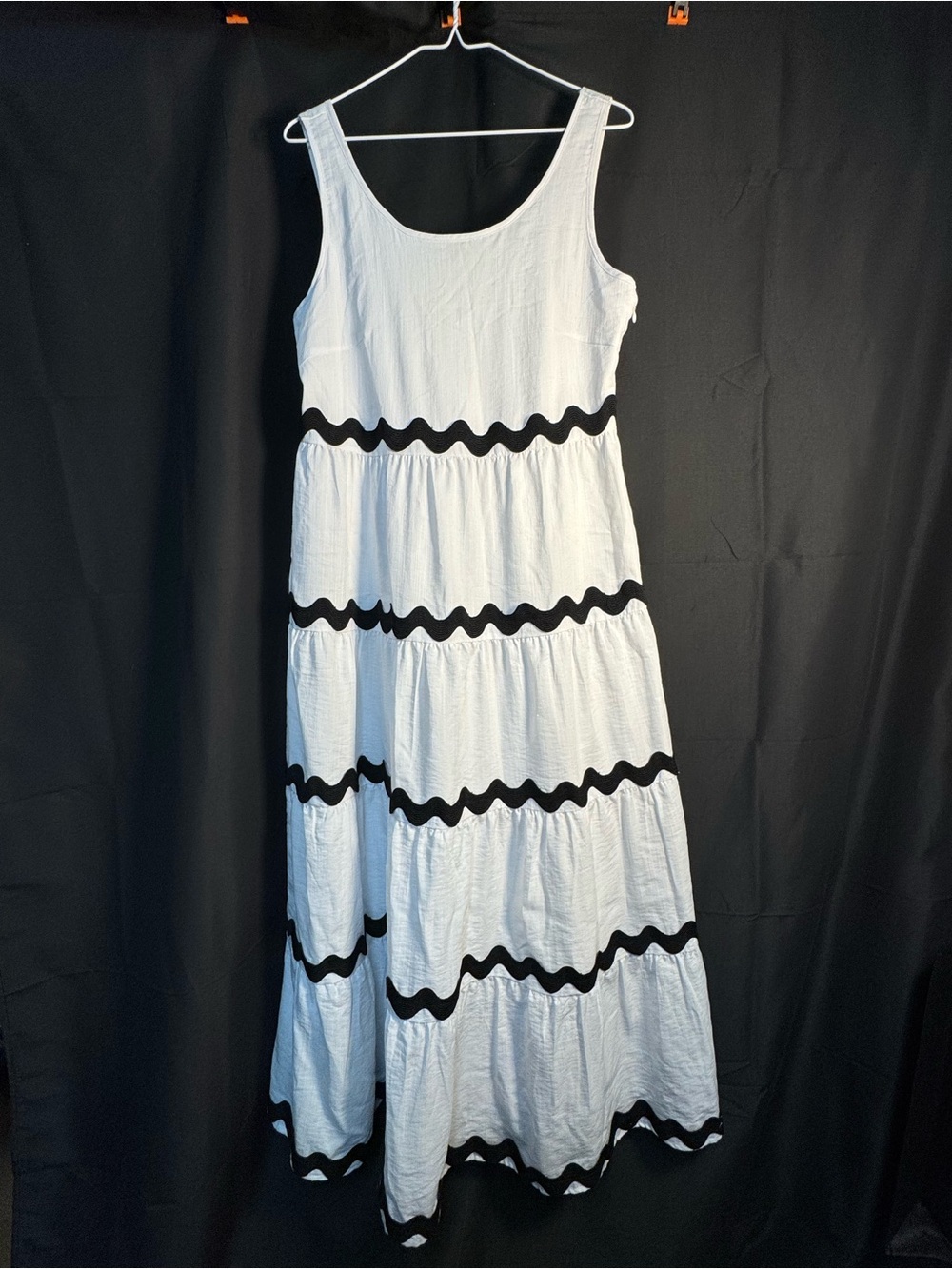 Sleeveless White Maxi Dress with Black Wave Trim